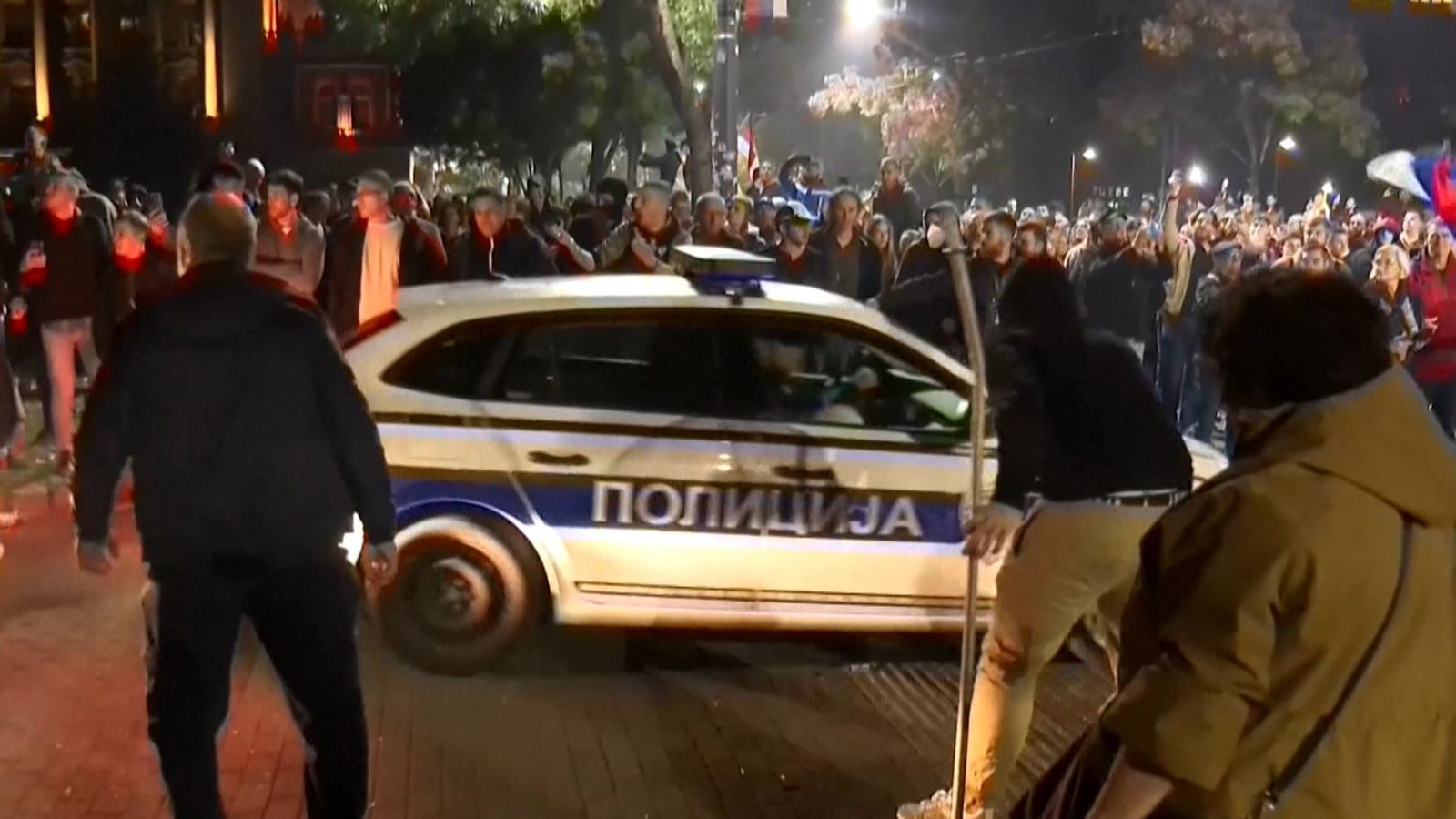 Police convoys attacked and tent torched in Belgrade after Vučić's election defeat