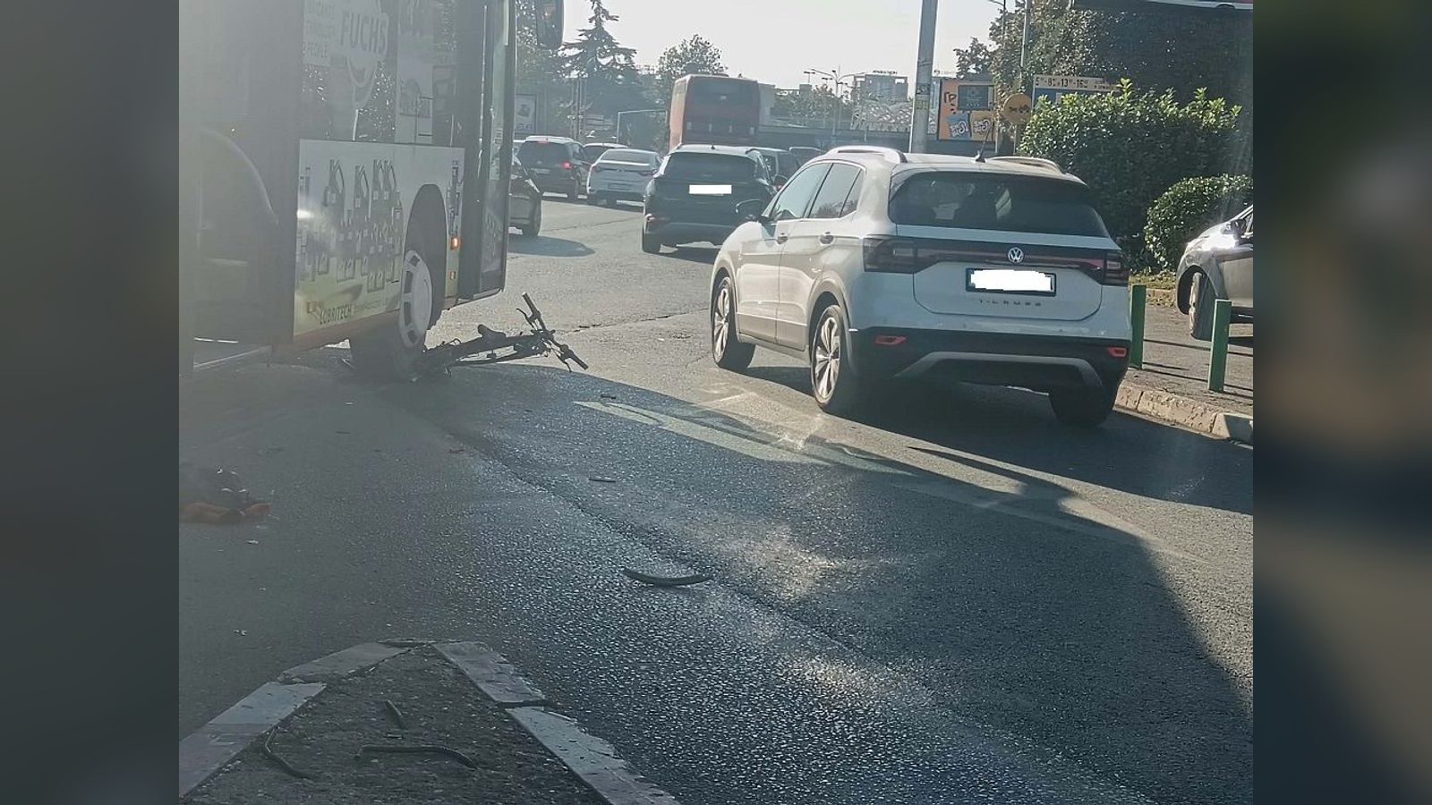 Bicycle crushed under city bus near Mavrovka shopping centre in central Skopje