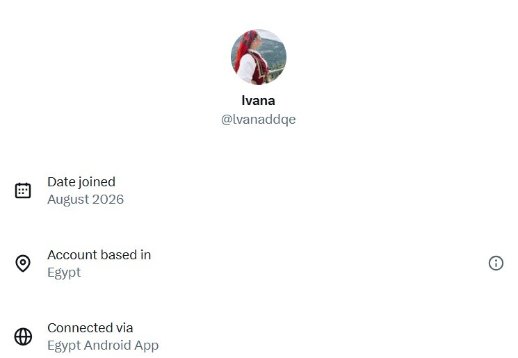Податоци за „Ivana“: креиран во август 2026, базиран во Египет, поврзан преку Egypt Android App.