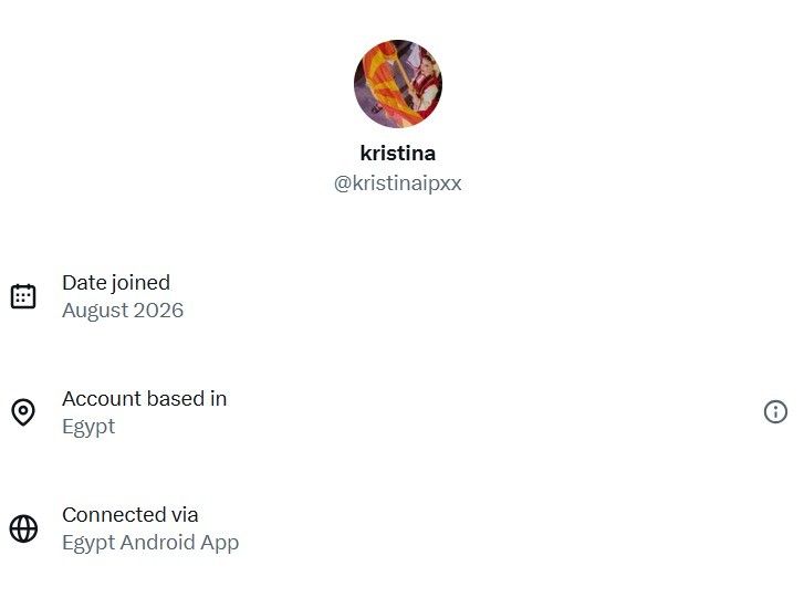 Податоци за „kristina“: креиран во август 2026, базиран во Египет, поврзан преку Egypt Android App.