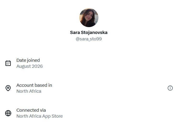 Податоци за „Sara Stojanovska“: креиран во август 2026, базиран во Северна Африка, поврзан преку North Africa App Store.